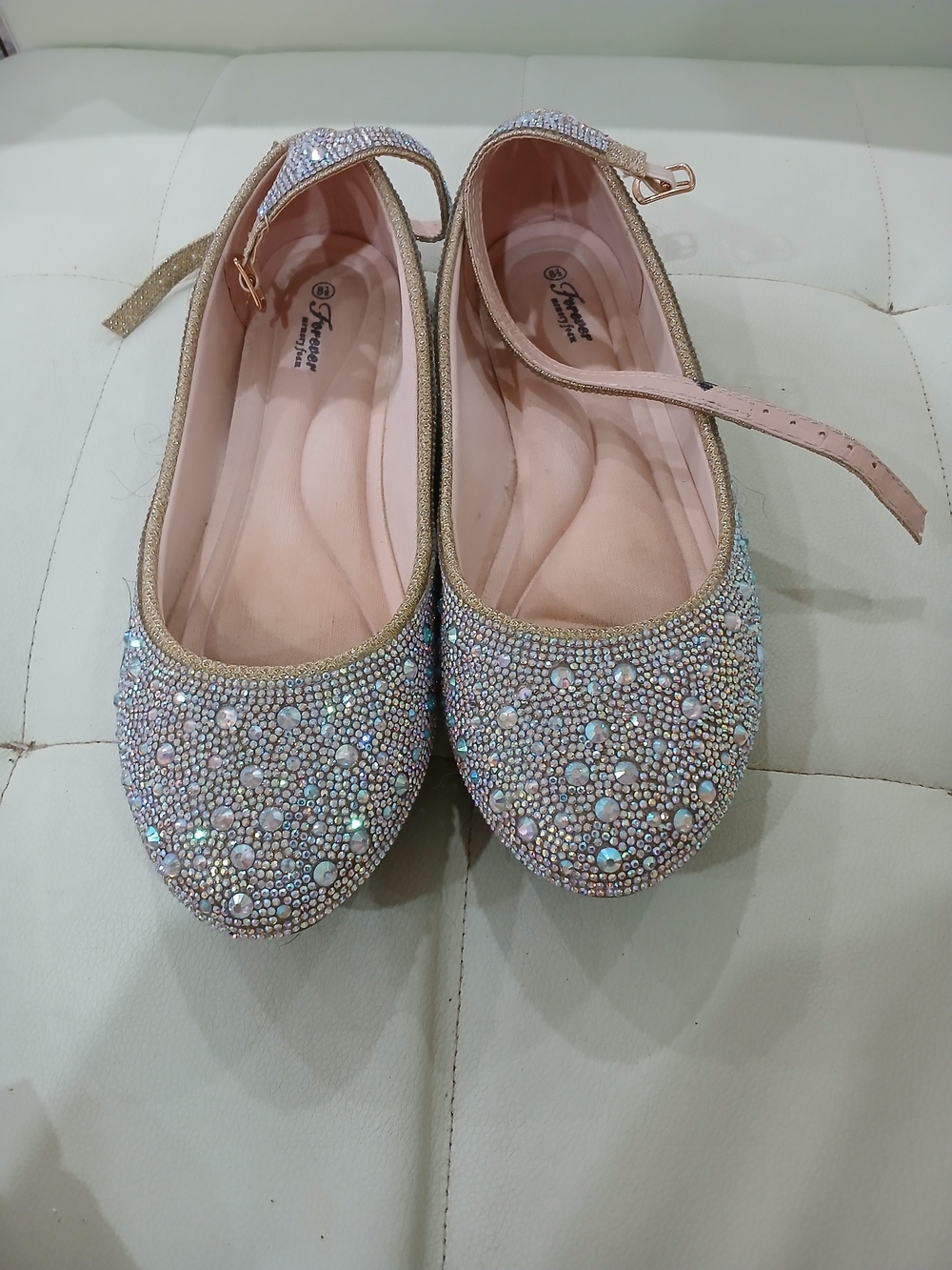 Forever 21 Iridescent Rhinestone Ballet Flats with Ankle Strap - Nude